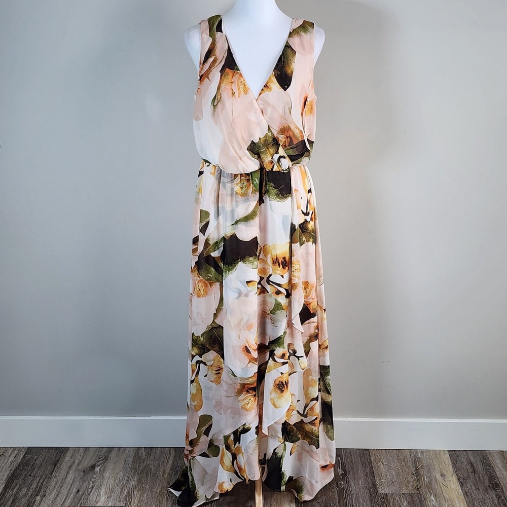 Ricki's Floral Maxi Dress Womens 6 Pink Surplice V-Neck Sleeveless Chiffon Flowy